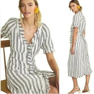 Pilcro Anthropologie Striped Linen Blend Ruffle Midi Dress White Blue Size 0